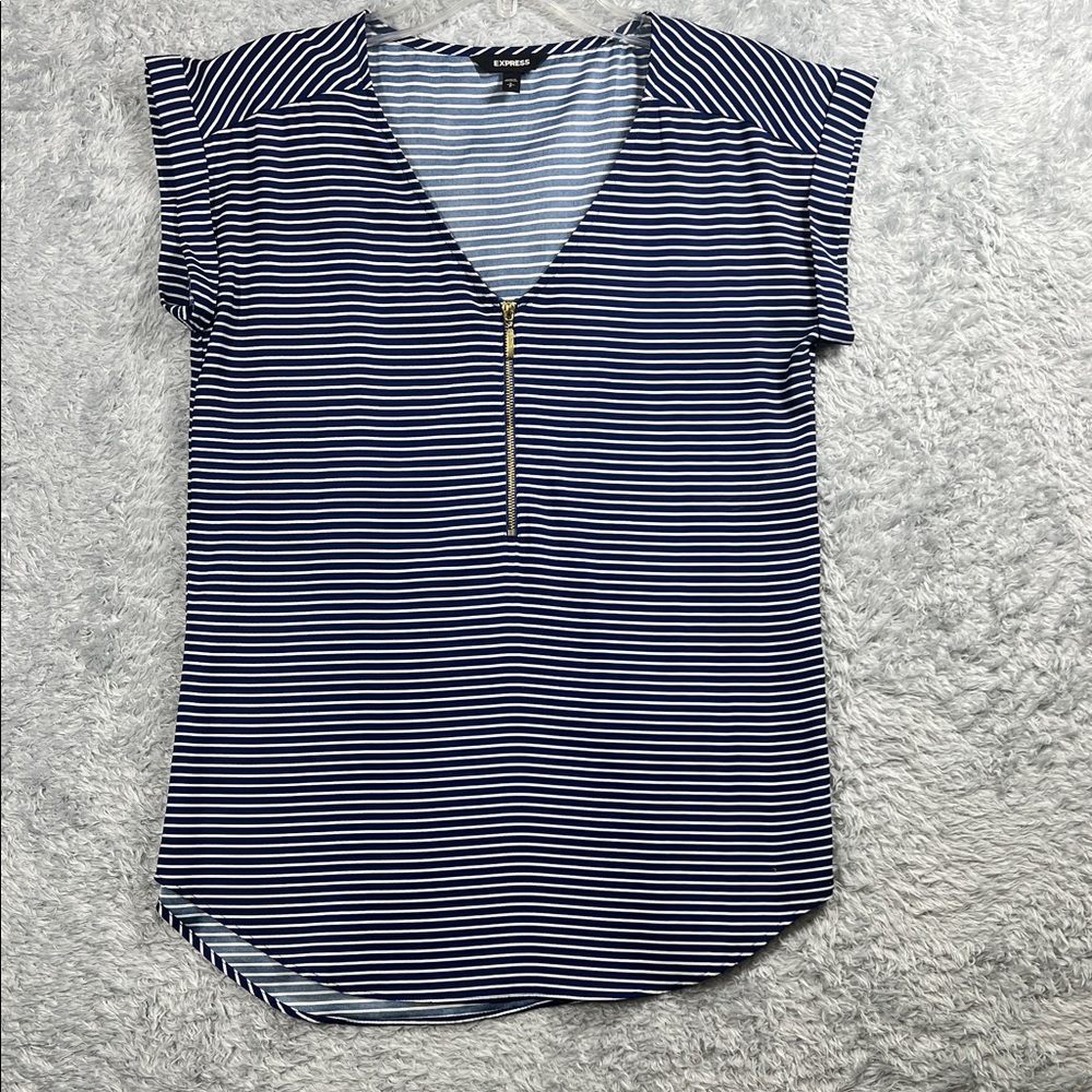Express Zippered Blue and White Cap Sleeve Blouse